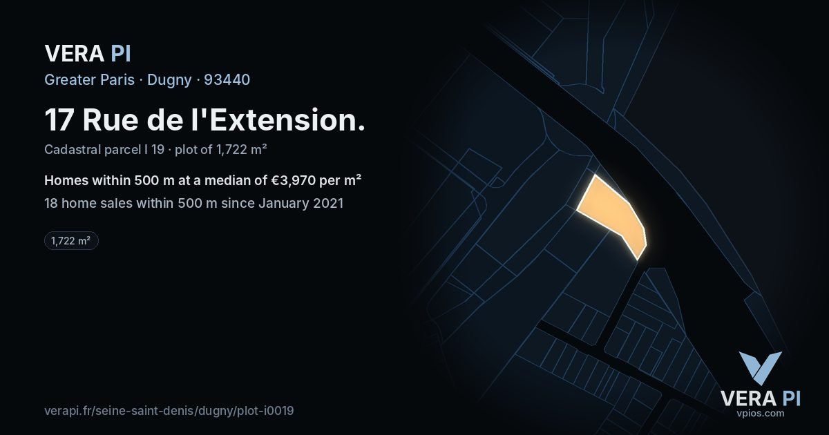 17 Rue de l'Extension, Dugny at night – the plot lit, the parcels around coloured by the prices near them