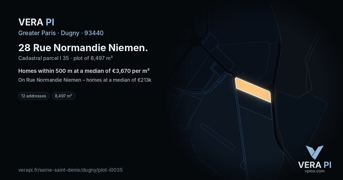 28 Rue Normandie Niemen, Dugny at night – the plot lit, the parcels around coloured by the prices near them