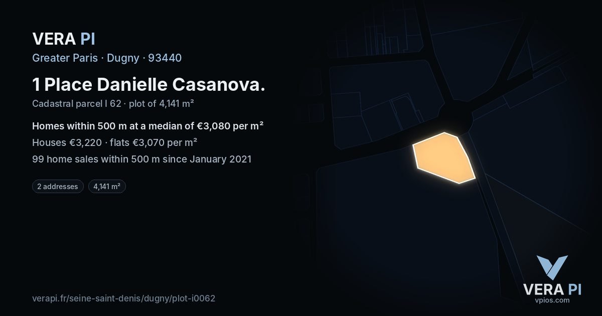 1 Place Danielle Casanova, Dugny at night – the plot lit, the parcels around coloured by the prices near them