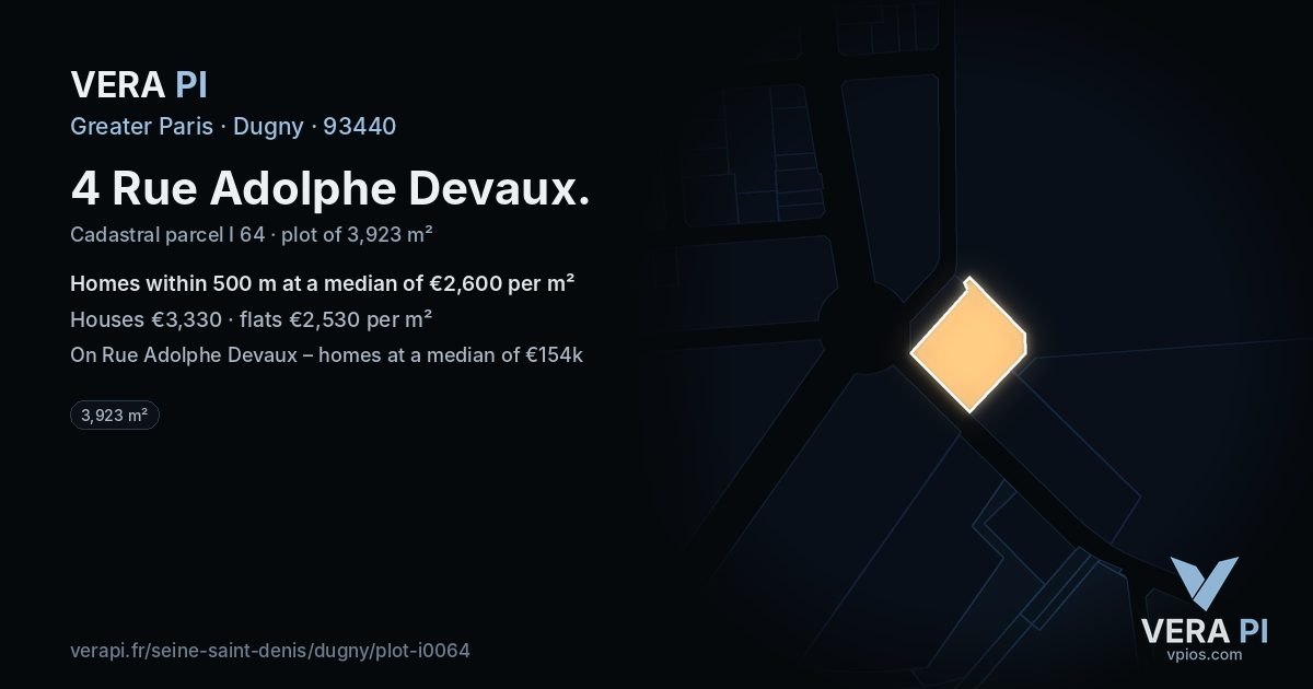 4 Rue Adolphe Devaux, Dugny at night – the plot lit, the parcels around coloured by the prices near them