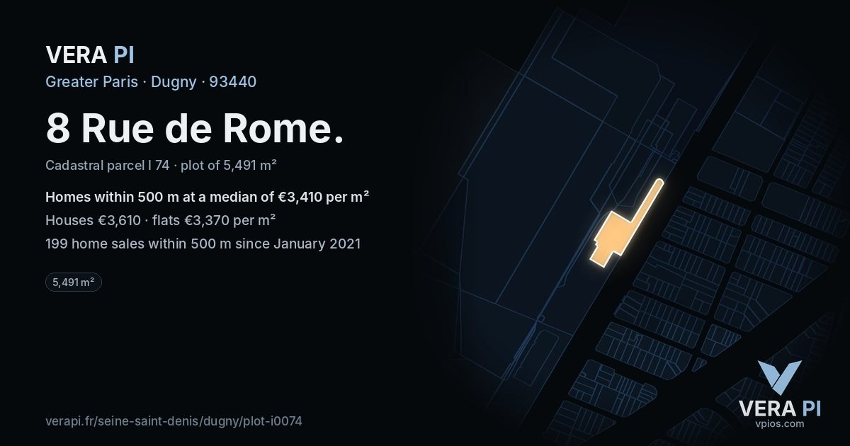 8 Rue de Rome, Dugny at night – the plot lit, the parcels around coloured by the prices near them