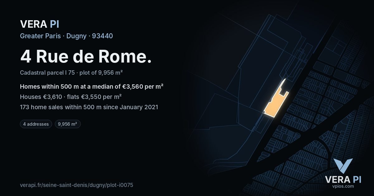 4 Rue de Rome, Dugny at night – the plot lit, the parcels around coloured by the prices near them