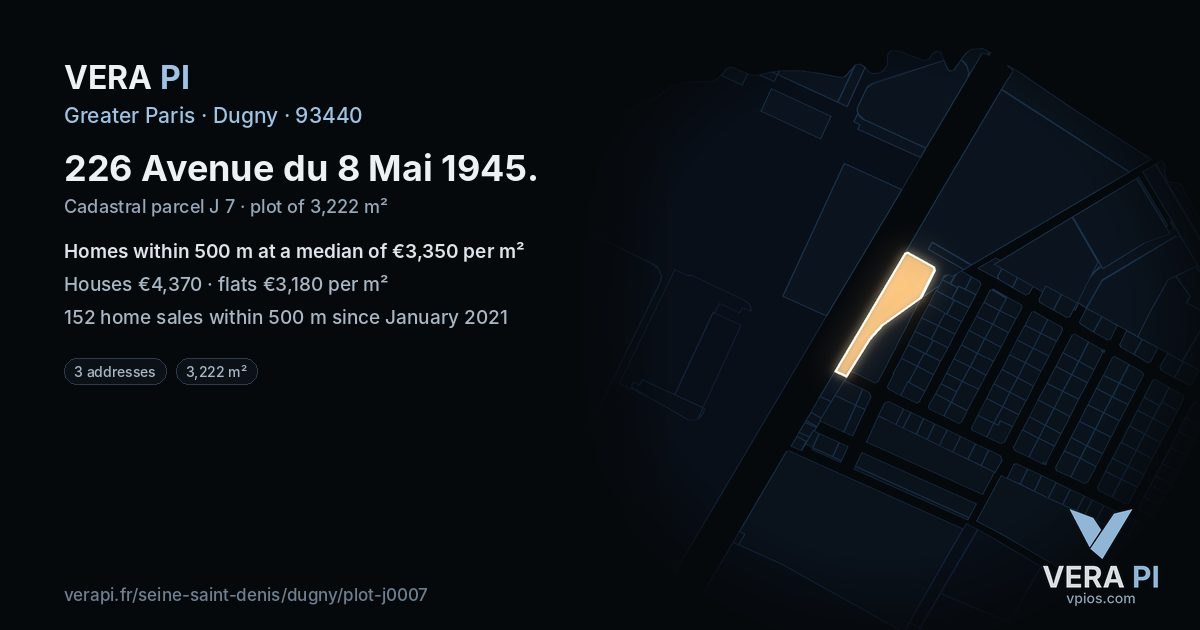 226 Avenue du 8 Mai 1945, Dugny at night – the plot lit, the parcels around coloured by the prices near them