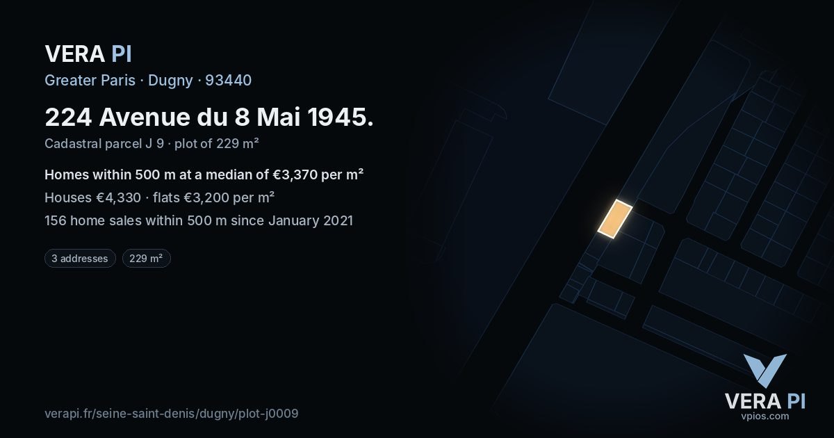 224 Avenue du 8 Mai 1945, Dugny at night – the plot lit, the parcels around coloured by the prices near them
