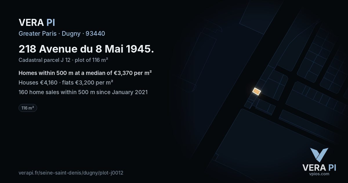 218 Avenue du 8 Mai 1945, Dugny at night – the plot lit, the parcels around coloured by the prices near them