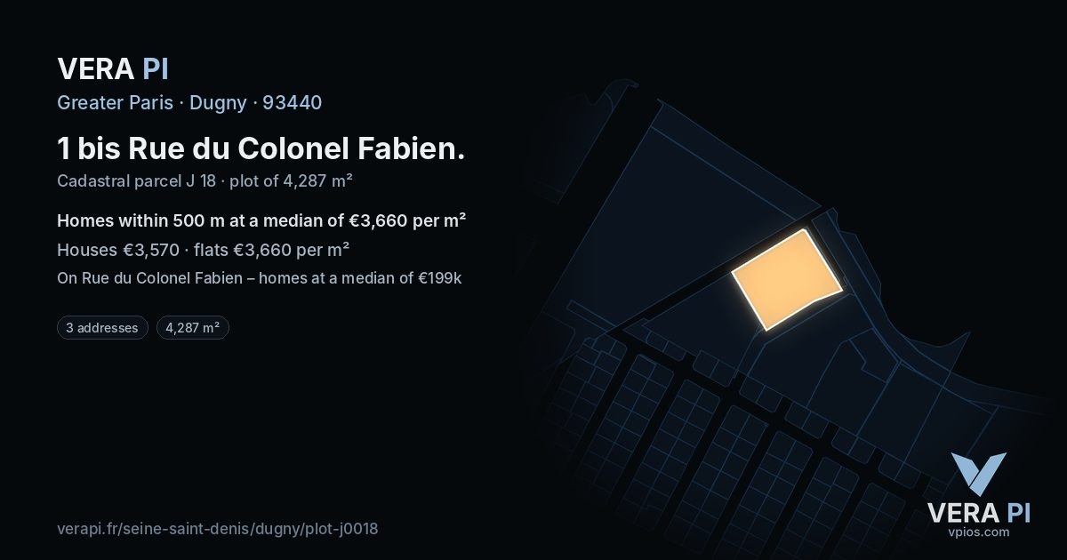1 bis Rue du Colonel Fabien, Dugny at night – the plot lit, the parcels around coloured by the prices near them