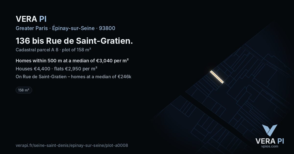 136 bis Rue de Saint-Gratien, Épinay-sur-Seine at night – the plot lit, the parcels around coloured by the prices near them