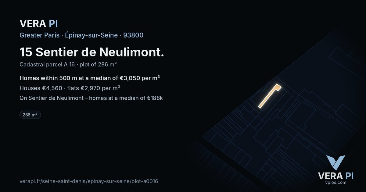 15 Sentier de Neulimont, Épinay-sur-Seine at night – the plot lit, the parcels around coloured by the prices near them