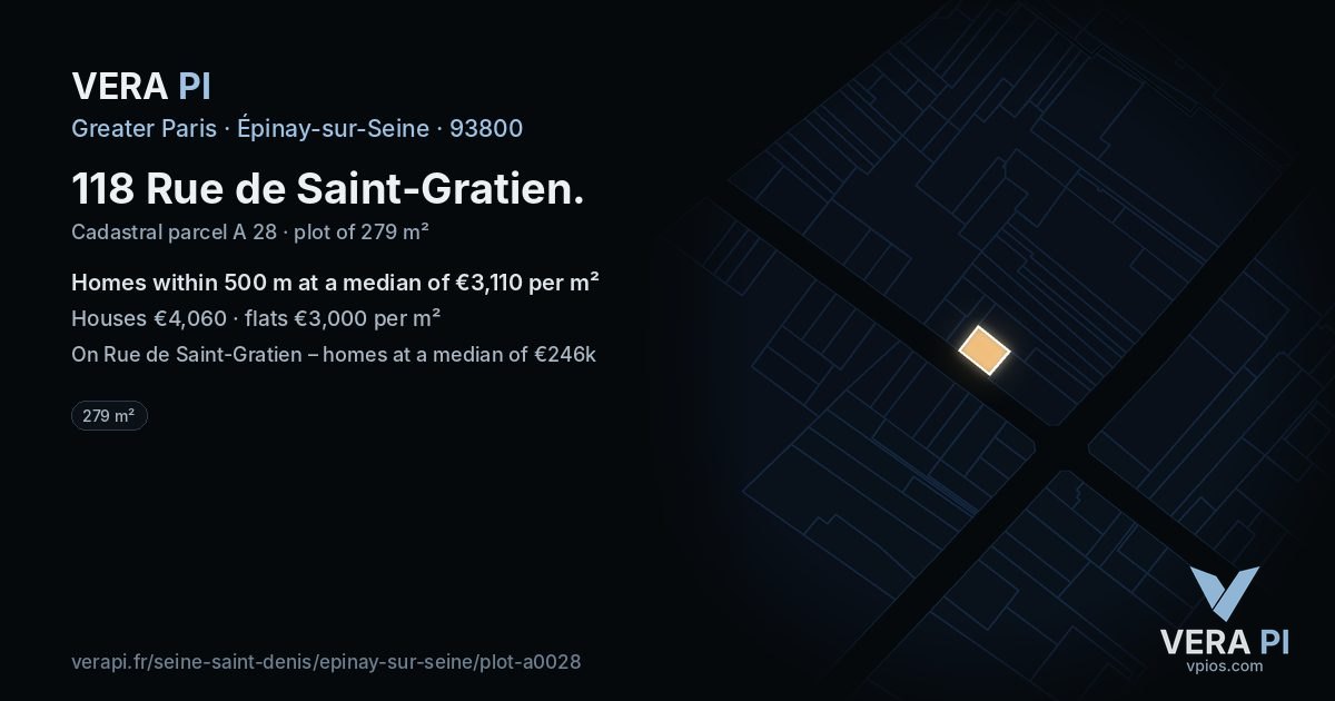 118 Rue de Saint-Gratien, Épinay-sur-Seine at night – the plot lit, the parcels around coloured by the prices near them