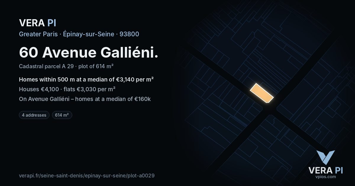 60 Avenue Galliéni, Épinay-sur-Seine at night – the plot lit, the parcels around coloured by the prices near them