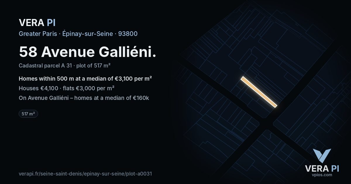 58 Avenue Galliéni, Épinay-sur-Seine at night – the plot lit, the parcels around coloured by the prices near them