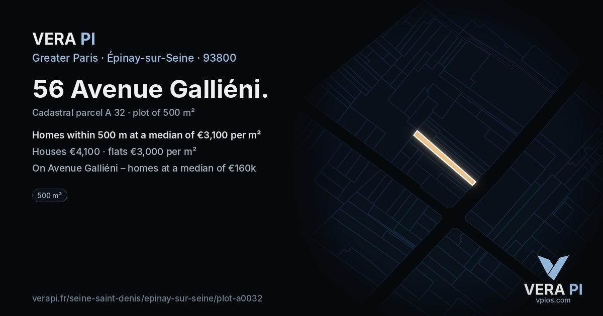 56 Avenue Galliéni, Épinay-sur-Seine at night – the plot lit, the parcels around coloured by the prices near them