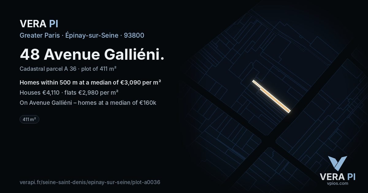 48 Avenue Galliéni, Épinay-sur-Seine at night – the plot lit, the parcels around coloured by the prices near them