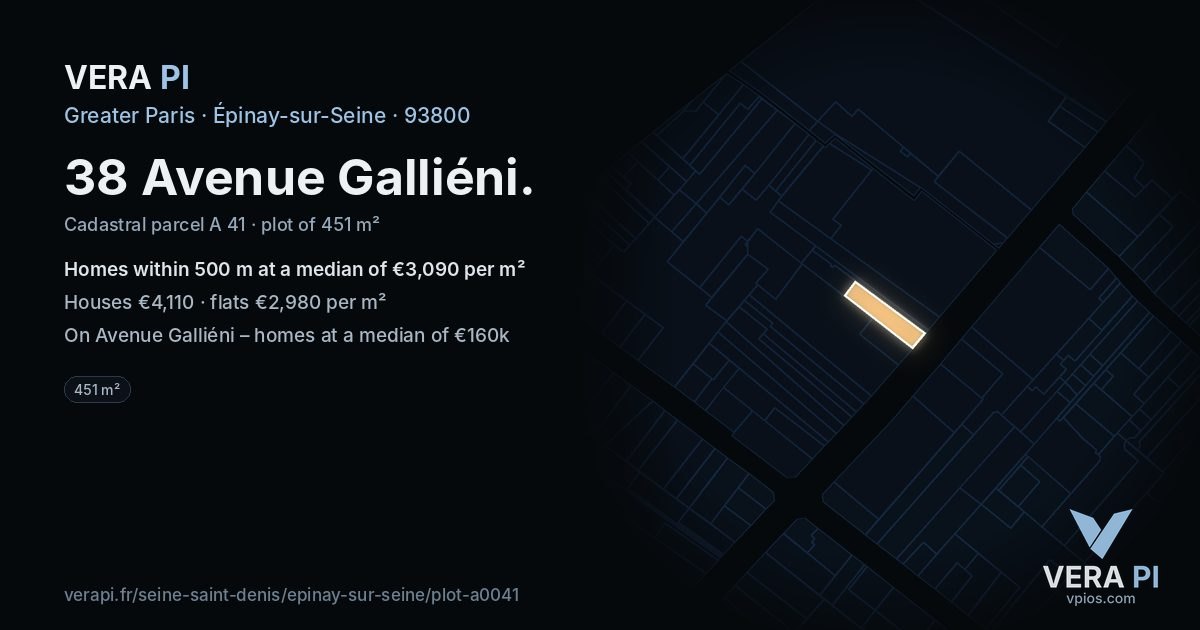 38 Avenue Galliéni, Épinay-sur-Seine at night – the plot lit, the parcels around coloured by the prices near them