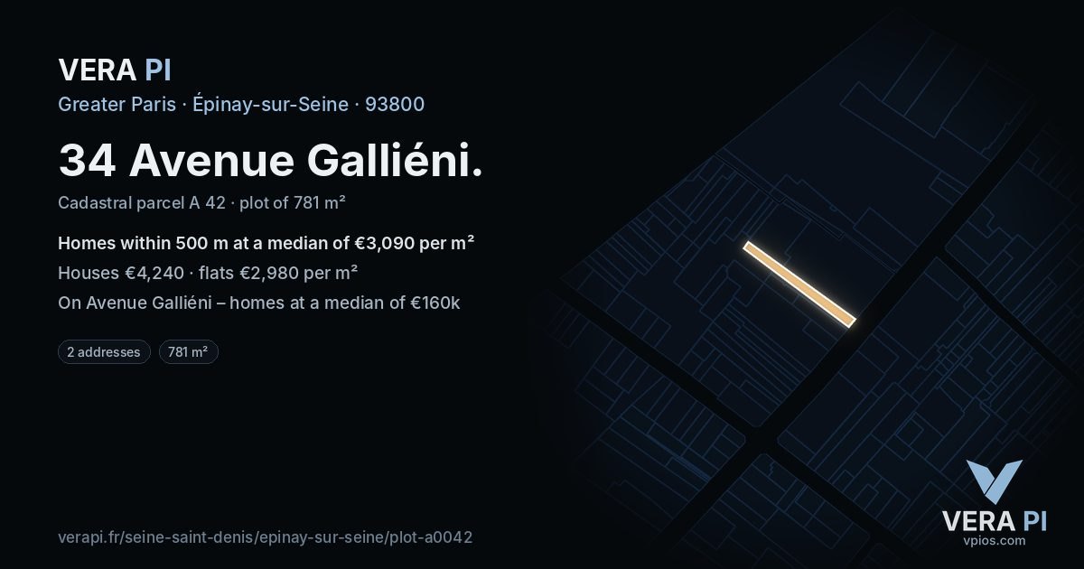 34 Avenue Galliéni, Épinay-sur-Seine at night – the plot lit, the parcels around coloured by the prices near them