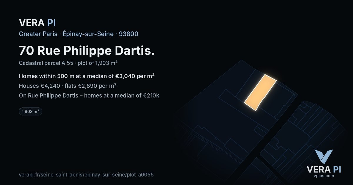 70 Rue Philippe Dartis, Épinay-sur-Seine at night – the plot lit, the parcels around coloured by the prices near them