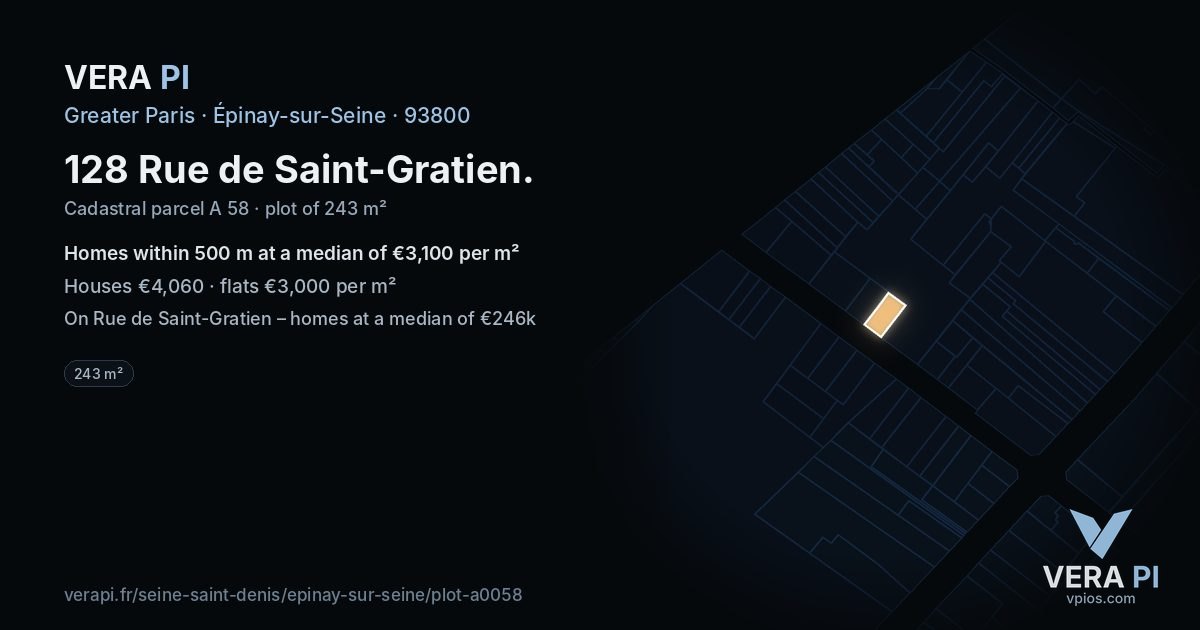 128 Rue de Saint-Gratien, Épinay-sur-Seine at night – the plot lit, the parcels around coloured by the prices near them