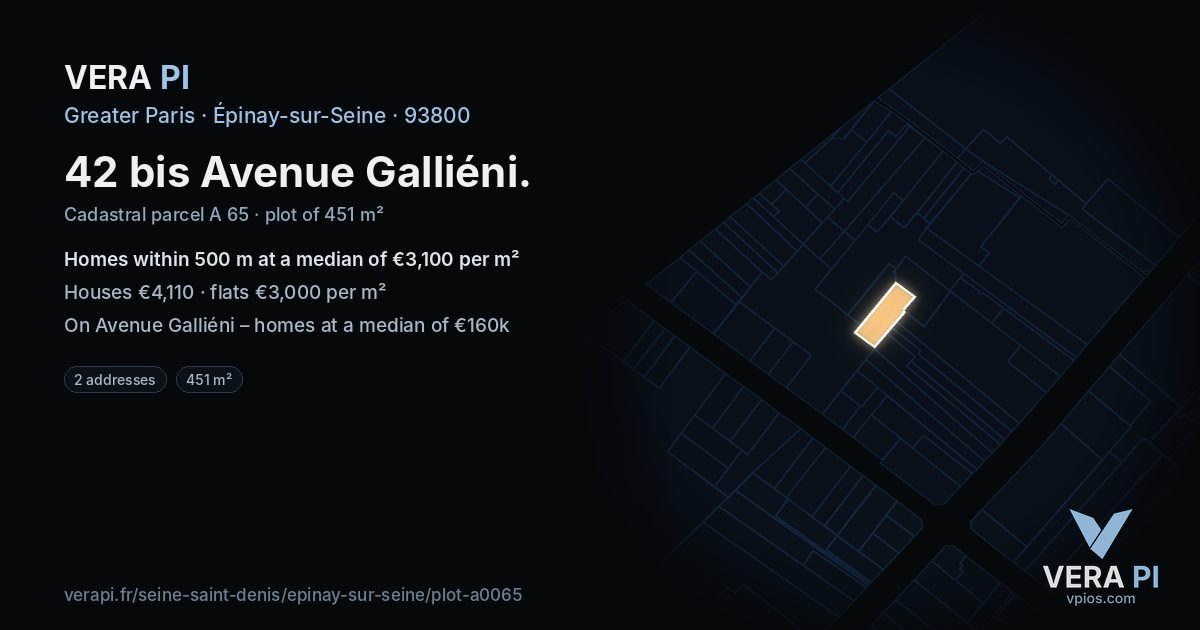 42 bis Avenue Galliéni, Épinay-sur-Seine at night – the plot lit, the parcels around coloured by the prices near them