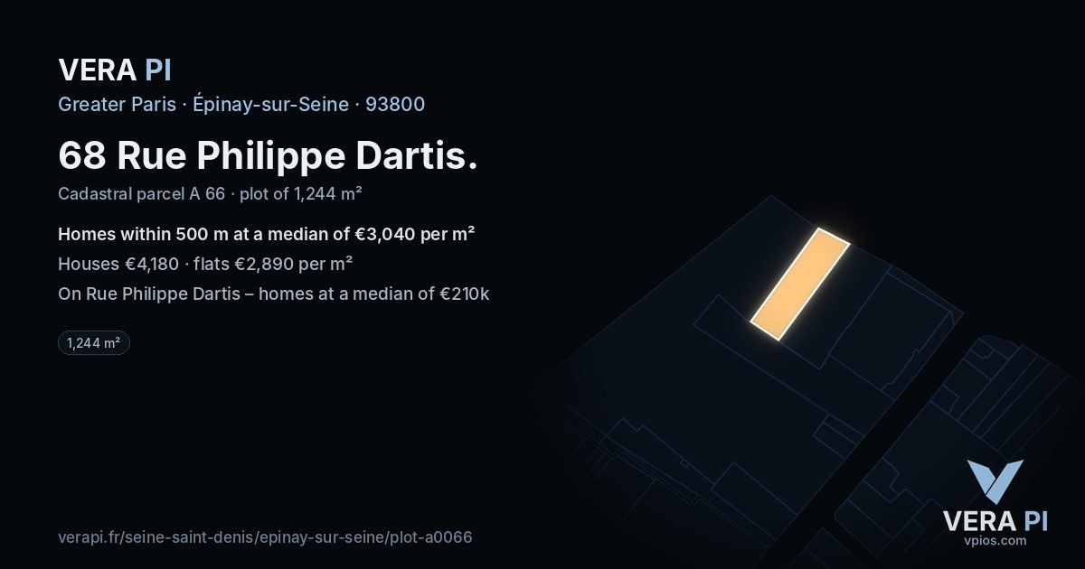 68 Rue Philippe Dartis, Épinay-sur-Seine at night – the plot lit, the parcels around coloured by the prices near them
