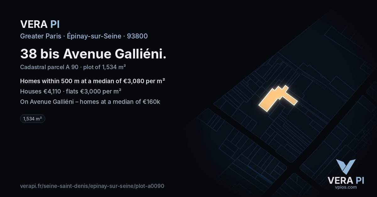 38 bis Avenue Galliéni, Épinay-sur-Seine at night – the plot lit, the parcels around coloured by the prices near them