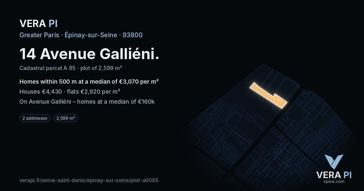 14 Avenue Galliéni, Épinay-sur-Seine at night – the plot lit, the parcels around coloured by the prices near them