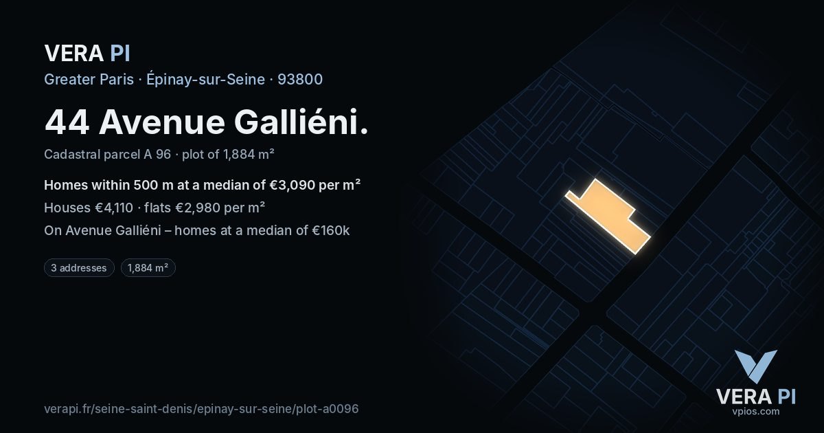 44 Avenue Galliéni, Épinay-sur-Seine at night – the plot lit, the parcels around coloured by the prices near them