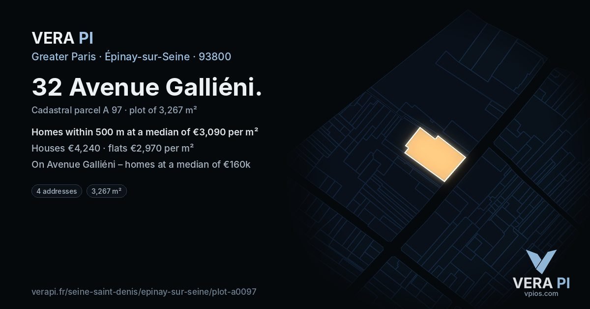 32 Avenue Galliéni, Épinay-sur-Seine at night – the plot lit, the parcels around coloured by the prices near them