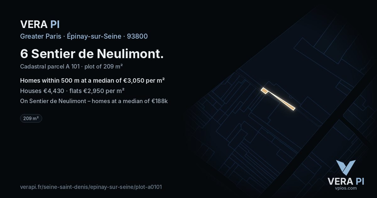 6 Sentier de Neulimont, Épinay-sur-Seine at night – the plot lit, the parcels around coloured by the prices near them