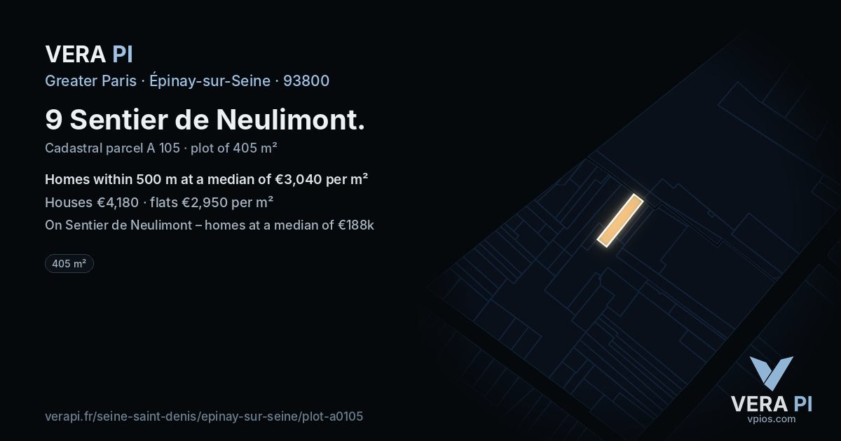 9 Sentier de Neulimont, Épinay-sur-Seine at night – the plot lit, the parcels around coloured by the prices near them