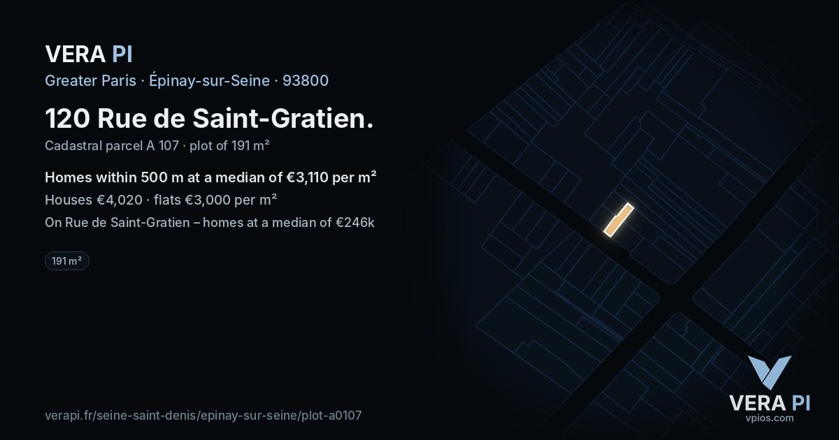 120 Rue de Saint-Gratien, Épinay-sur-Seine at night – the plot lit, the parcels around coloured by the prices near them