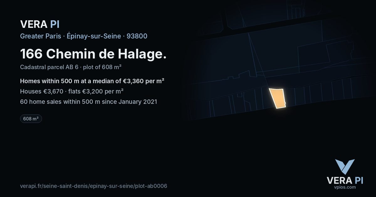 166 Chemin de Halage, Épinay-sur-Seine at night – the plot lit, the parcels around coloured by the prices near them