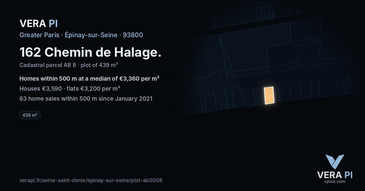 162 Chemin de Halage, Épinay-sur-Seine at night – the plot lit, the parcels around coloured by the prices near them