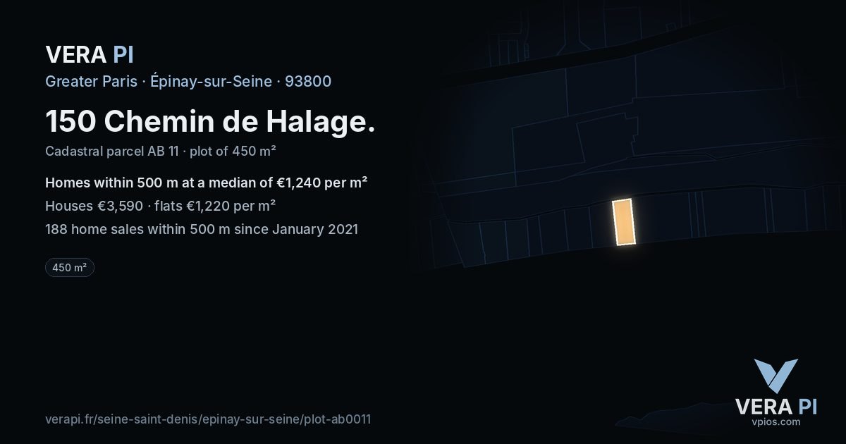 150 Chemin de Halage, Épinay-sur-Seine at night – the plot lit, the parcels around coloured by the prices near them