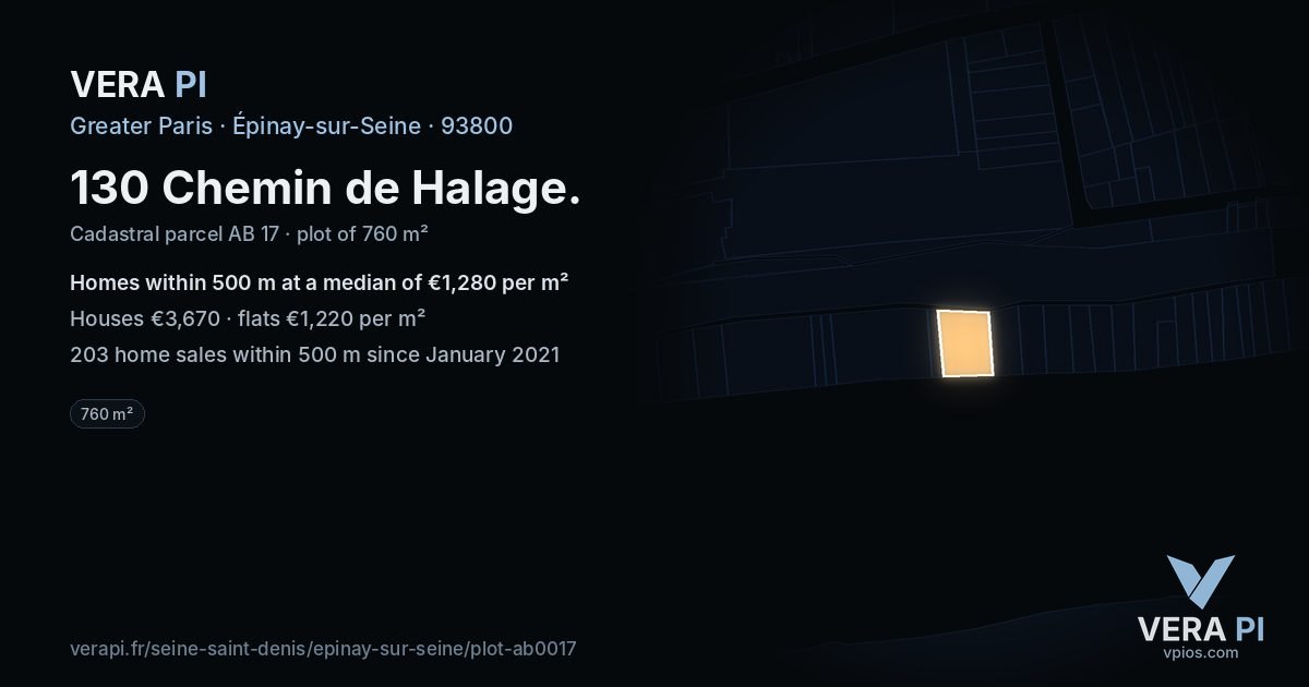 130 Chemin de Halage, Épinay-sur-Seine at night – the plot lit, the parcels around coloured by the prices near them