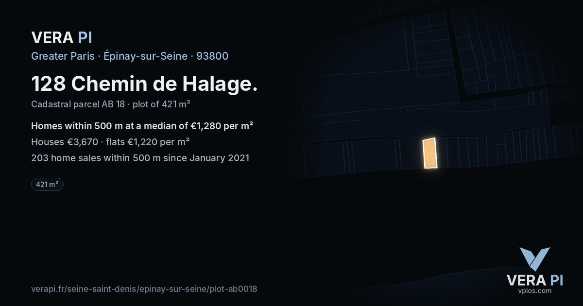 128 Chemin de Halage, Épinay-sur-Seine at night – the plot lit, the parcels around coloured by the prices near them