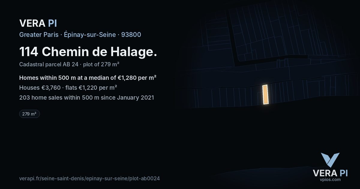 114 Chemin de Halage, Épinay-sur-Seine at night – the plot lit, the parcels around coloured by the prices near them