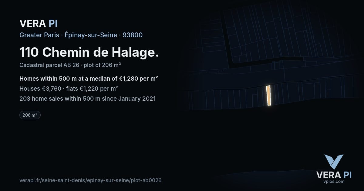 110 Chemin de Halage, Épinay-sur-Seine at night – the plot lit, the parcels around coloured by the prices near them