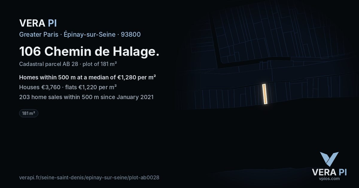106 Chemin de Halage, Épinay-sur-Seine at night – the plot lit, the parcels around coloured by the prices near them