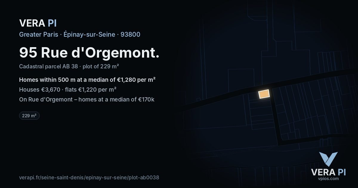 95 Rue d'Orgemont, Épinay-sur-Seine at night – the plot lit, the parcels around coloured by the prices near them