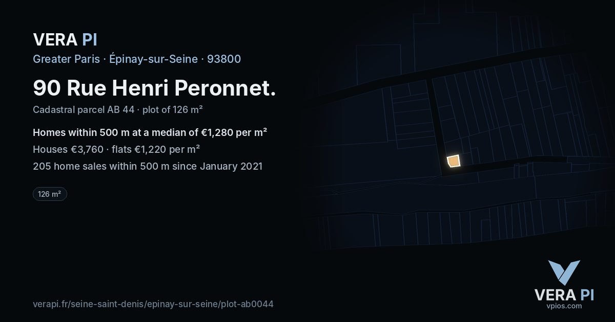 90 Rue Henri Peronnet, Épinay-sur-Seine at night – the plot lit, the parcels around coloured by the prices near them