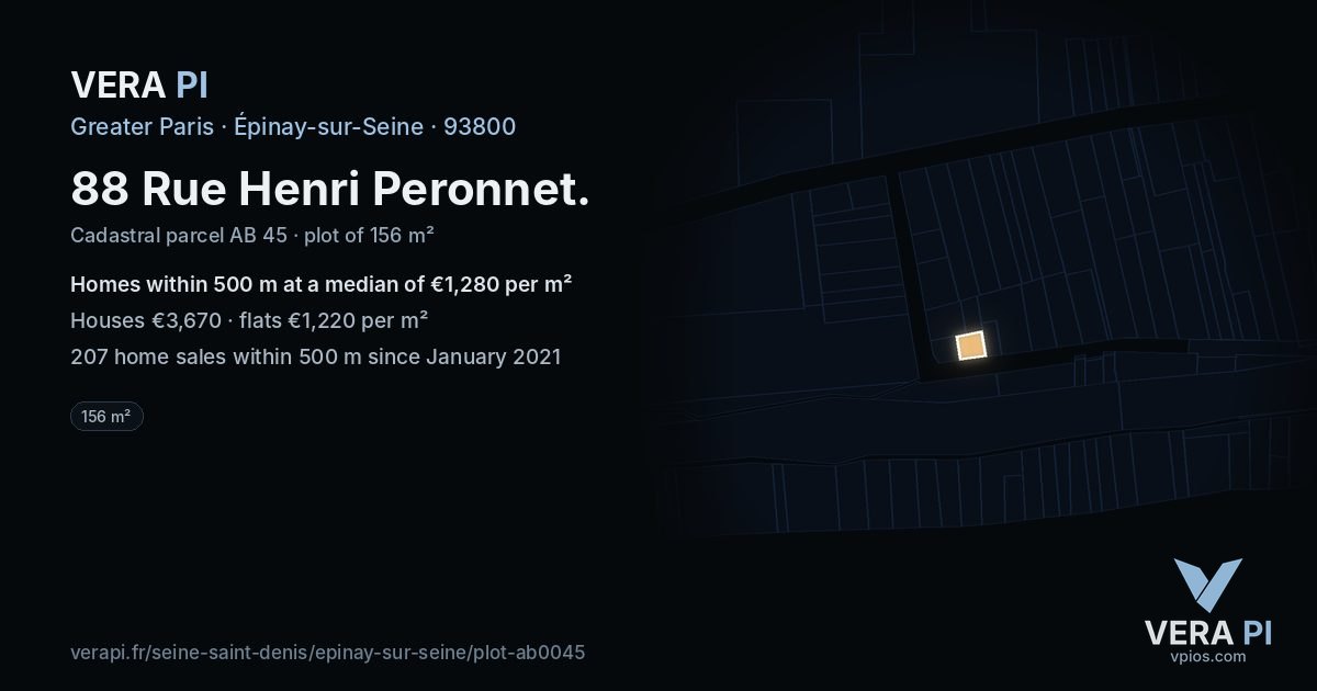 88 Rue Henri Peronnet, Épinay-sur-Seine at night – the plot lit, the parcels around coloured by the prices near them