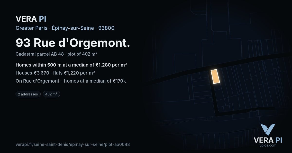 93 Rue d'Orgemont, Épinay-sur-Seine at night – the plot lit, the parcels around coloured by the prices near them