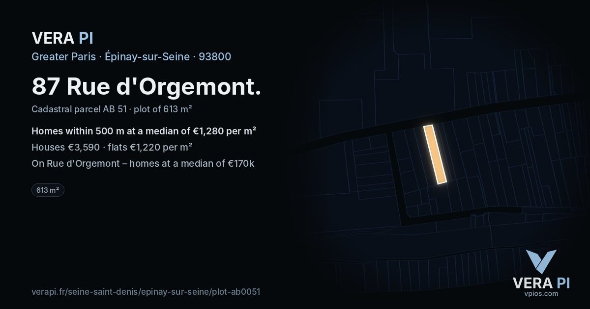87 Rue d'Orgemont, Épinay-sur-Seine at night – the plot lit, the parcels around coloured by the prices near them