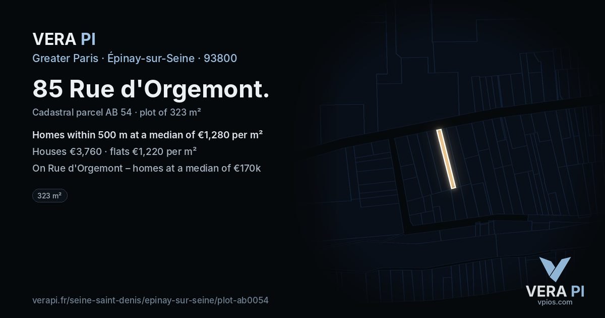 85 Rue d'Orgemont, Épinay-sur-Seine at night – the plot lit, the parcels around coloured by the prices near them