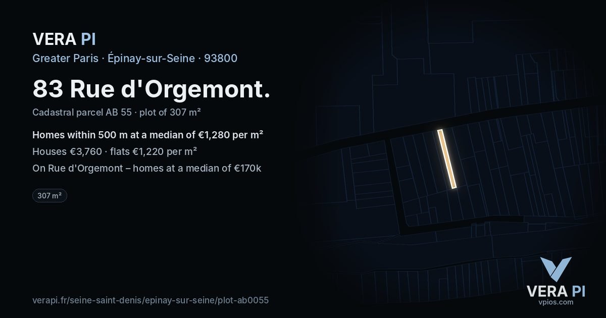83 Rue d'Orgemont, Épinay-sur-Seine at night – the plot lit, the parcels around coloured by the prices near them