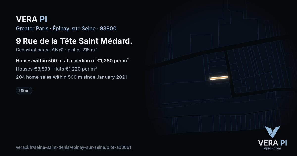 9 Rue de la Tête Saint Médard, Épinay-sur-Seine at night – the plot lit, the parcels around coloured by the prices near them