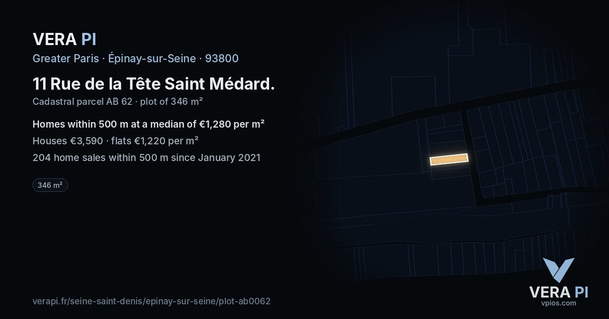 11 Rue de la Tête Saint Médard, Épinay-sur-Seine at night – the plot lit, the parcels around coloured by the prices near them