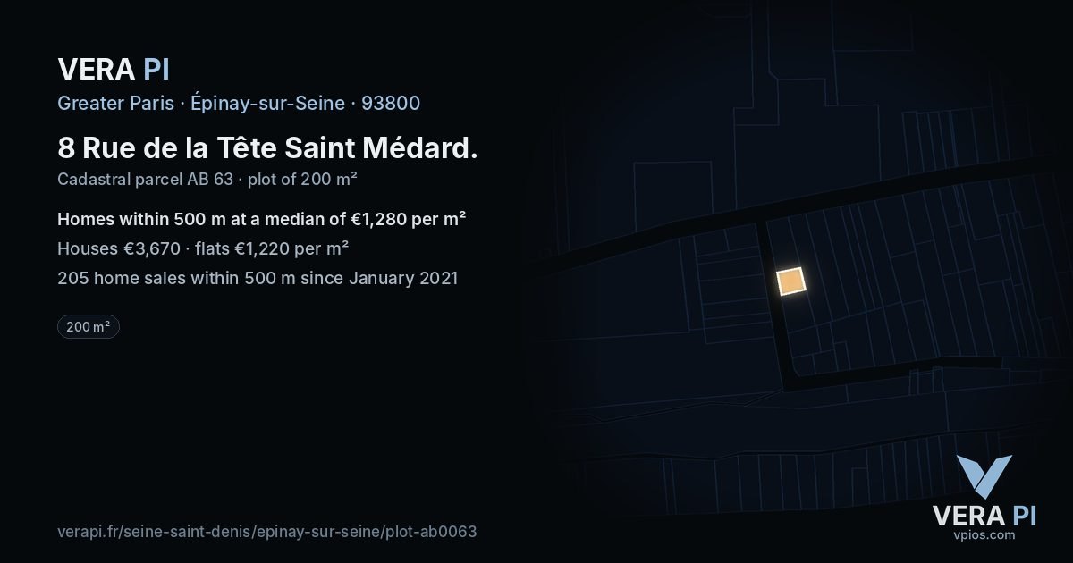 8 Rue de la Tête Saint Médard, Épinay-sur-Seine at night – the plot lit, the parcels around coloured by the prices near them