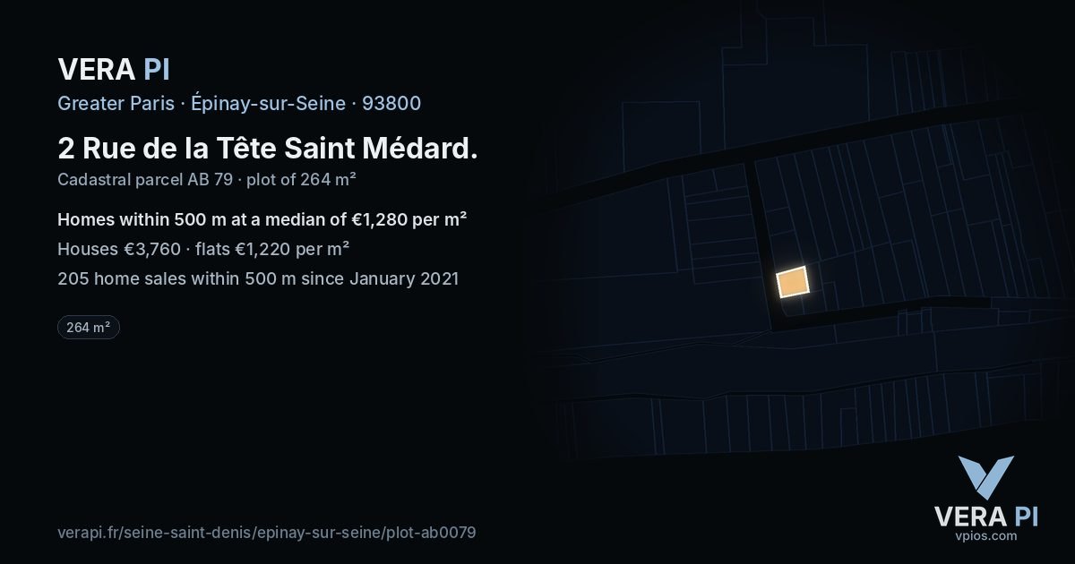 2 Rue de la Tête Saint Médard, Épinay-sur-Seine at night – the plot lit, the parcels around coloured by the prices near them