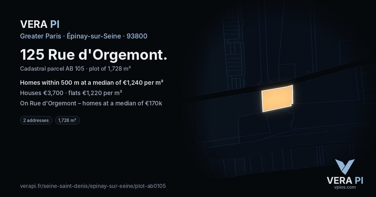 125 Rue d'Orgemont, Épinay-sur-Seine at night – the plot lit, the parcels around coloured by the prices near them